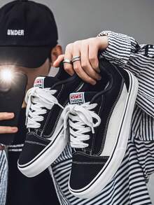 Men's Outdoor Activity Street Skateboarding Shoes, Non Slip And Durable Casual Lace Up Sports Shoes, Fashionable And Breathable - 黑色 - 查看 1