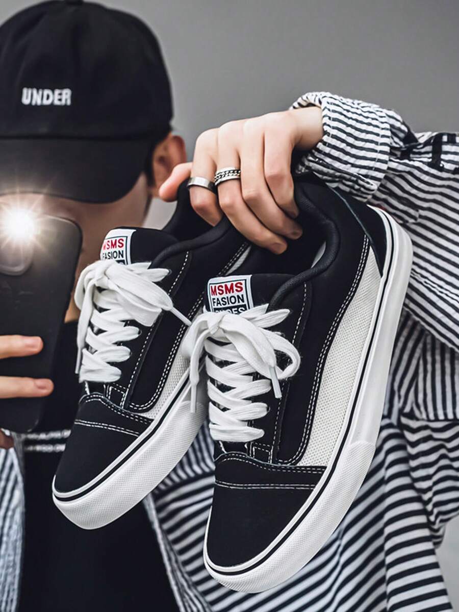 Men's Outdoor Activity Street Skateboarding Shoes, Non Slip And Durable Casual Lace Up Sports Shoes, Fashionable And Breathable - 黑色 - 查看 1