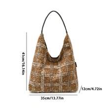Bolso de mano a cuadros para mujer, moderno y de gran capacidad, de terciopelo, ideal para viajes diarios. - Negro - Ver 5