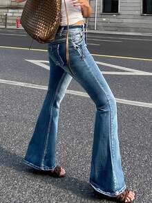 Women's Bootcut Jeans Stretchy Soft Comfortable Mid Waisted - Classic Retro 70s Flared Pants For Everyday Casual Wear - 深色水洗藍 - 查看 4