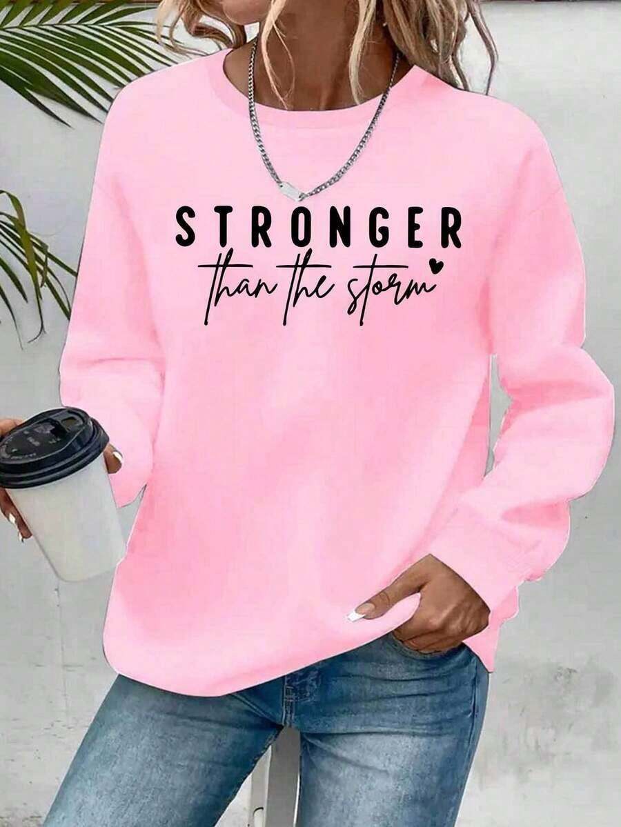 Hoodies For Women2025Women's "STRONGER Than The Storm" Motivational Crew Neck Sweatshirt - Vibrant Green Casual Pullover With Heart Accents, Cozy Fall - 粉色 - 查看 1