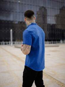 Men's Short-Sleeve Shirt With Mandarin Collar And Linen-Look - Assorted Colors - Comfortable - Royal Blue - View 8
