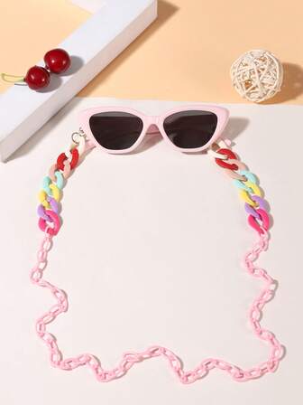 1 pieza Montura de gato vintage adecuada para niños y niñas de 8 a 12 años, de unicolor y con estilo simple, junto con 1 cadena de gafas con anillos de colores, adecuada para salidas de vacaciones, combinación de moda y regalos festivos