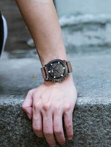 NSNEVER STOP 1pc Men's Personalized Stylish Calendar Luminous Leather Strap Watch, Suitable For Daily Life, Business Events, Holidays, Birthday Gifts, Valentine's Day Gifts, Father's Day Gifts, Halloween Gifts, Christmas Gifts, - Brown - View 2