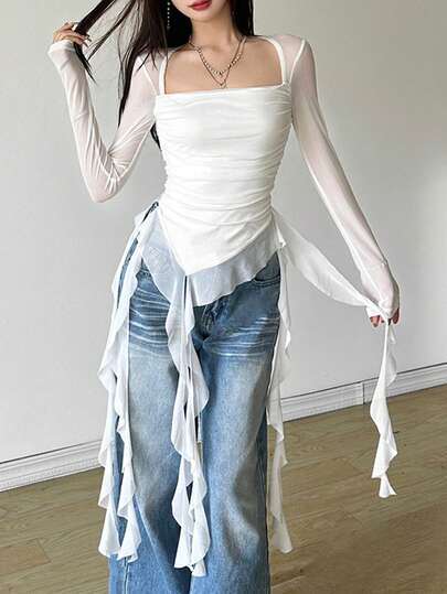 YeonC 网纱长袖方领修身流苏拼接纯色百搭上衣