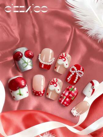 Original Design, Handmade, Acrylic Press On Nails Tips (10 Pieces) - Christmas Nails Set, Featuring 3D Handmade Red Apple And Cherry Patterns, Short Nail Stickers, Red Nails, Pearl Bow, Adorable Bows And Polka Dot Design, Sparkling Effect, Novel Solid Color Design, Christmas Eve - Quick Nail Art Set. Cute Style, Perfect Match For Christmas Outfits. Transform Your Look With Artistic Nails. Ideal For Small Makeup Travel Bags.