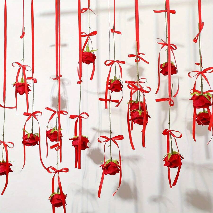 10pcs Artificial Rose Flower Hanging Decor, With Ribbon Bow & Hook, Wedding Ceremony Backdrop Decoration, Valentine's Day Party Floral Wreath - Multicolor - View 1
