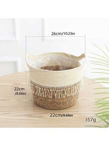 Ghiveci de plante din iarbă de mare împletită, tip coș, lucrat manual, cu plantă șarpe artificială, pentru decor nordic în living, accente de casă în stil boho, expunere neutră a vegetației în interior