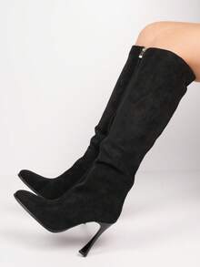 Elegant High Heel Knee Boots With Side Zip And Soft Lining - 黑色 - 查看 4