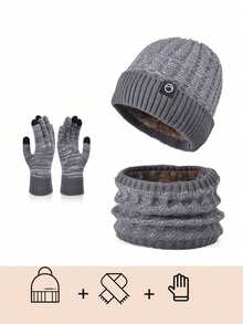 1 Set Black Winter Beanie Hat, Scarf, Touch Screen Gloves For Men & Women, Knitted Thick Skull Cap With Face Cover, Neck Warmer Balaclava Ski Mask For Cold Weather - Multicolor - View 5