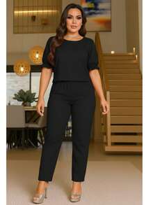 Women's Crepe Set Larisa - Traditional Pants And Blouse - Cool Knit Fabric - Excellent Fit - 黑色 - 查看 3