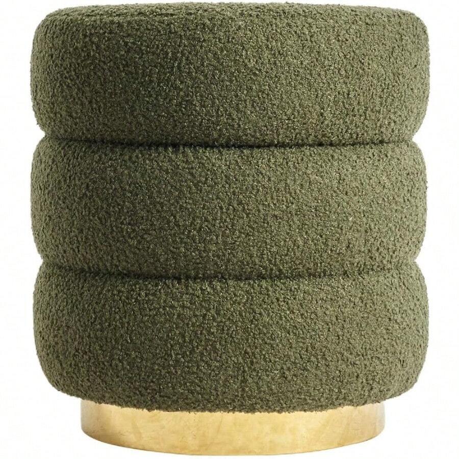 La Bella Round Ottoman Stool Teddy Fleece Upholstery With Gold Base Modern Stacked Cushion Design Accent Footrest Or Extra Seat Dark Green