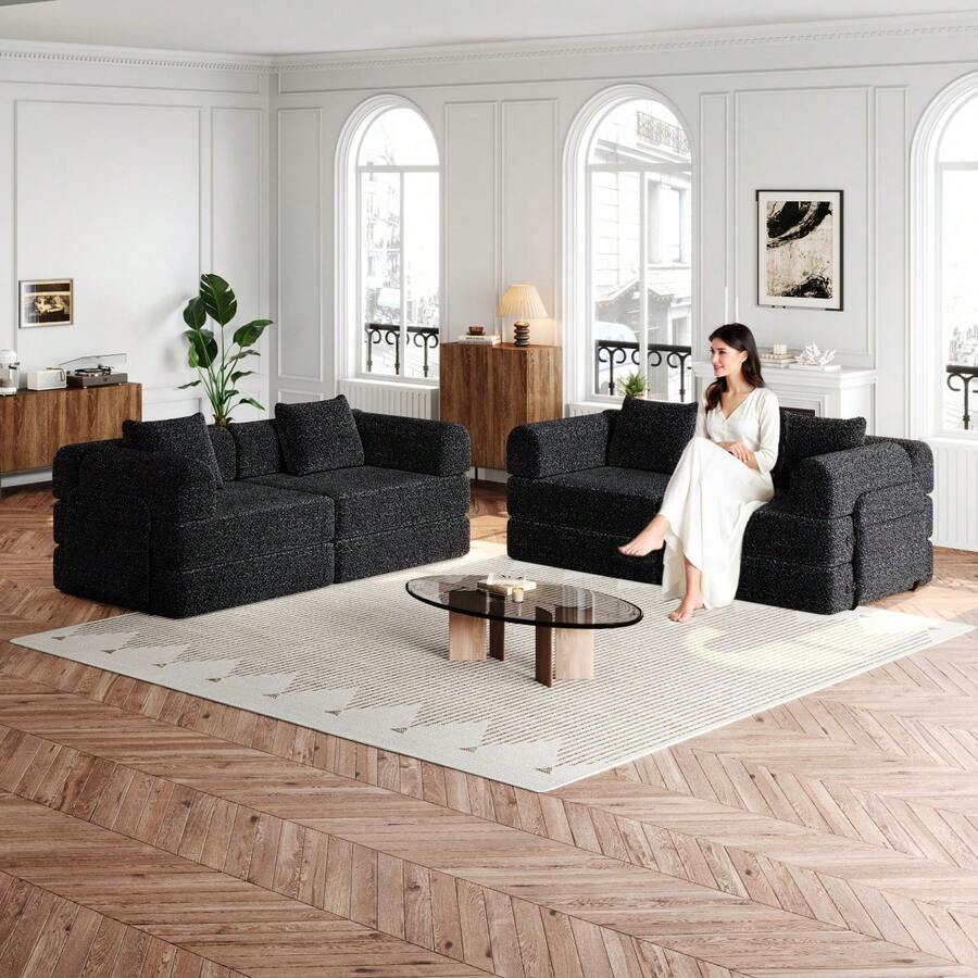Sofa Bed Set - Black + Chenille + 4 Seat - View 1