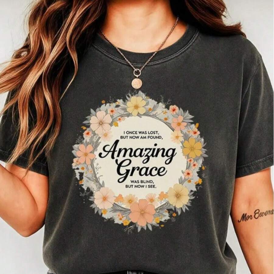 Amazing Grace How Sweet The Sound | Faith, Floral, Christian, Music, Song,100% Cotton Womens Oversized Printed Graphic T-Shirts - 黑色015 - 查看 1