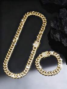 两件套经典新款链项链套装，搭配同款手链，金色嘻哈风格链条颈链首饰套装，情人节、生日、日常及派对佩戴的精美礼物