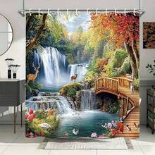 1Pc Stunning Autumn Bridge Lake Shower Curtain, Orange Tree Bridge Lake Scenery Design, Impermeable Polyester Fabric,   Washable With 12 Hooks, Seasonal Bathroom Decor, Perfect For Bathroom, Autumn Enthusiast's Bathroom Gift, Shower Curtain Sets For Bathrooms - 酒紅色 - 查看 2