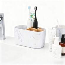 Bathroom Toothbrush Holder, 5-Slot Bamboo Toothbrush Holder With Electric Toothbrush Stand And Toothpaste Holder, For Bathroom Countertop Storage Accessories, Marble Toothbrush Organizer - 彩色 - 查看 3