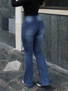 女士破洞弹力修身喇叭牛仔裤 - 深色水洗藍 - 查看 2