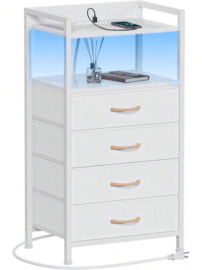 Buro para Recámara con Estación De Carga, Mesa de Noche para Recámara con 2 Enchufes y 2 Puertos USB,Mesita De Noche, Muebles para Recamara, Mesa Auxiliar,Buro para Dormitorio y Sálon(Blanco)