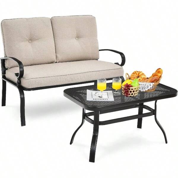Costway 2 Pieces Outdoor Conversation Set Patio Loveseat With Coffee Table And Soft Cushions Rustproof Frame With Ergonomic Backrest And Armrest Suitable For Patio Balcony Poolside Beige