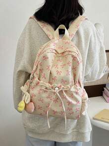 Mochila dobrável branca de nylon, estilo universitário casual, com estampa de laço, cordão, vários bolsos, grande capacidade e pingente de desenho animado. Ideal para estudantes, formandos, aulas, treinos, deslocamentos, passeios, compras, viagens, organização de pertences e como presente de formatura. - Branco - Ver 8