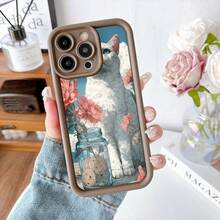Cubierta de teléfono con borde negro diseño de gato blanco con flores y tarro de cristal con galletas para iPhone 14 Pro Max estilo artístico elegante para uso diario y regalo - Burdeos - Ver 5