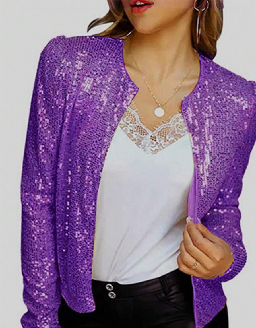 2025 Spring New Women's Fashion Stand Collar Solid Color Sequin Jacket Short Casual Versatile Small Jacket - 紫色 - 查看 1