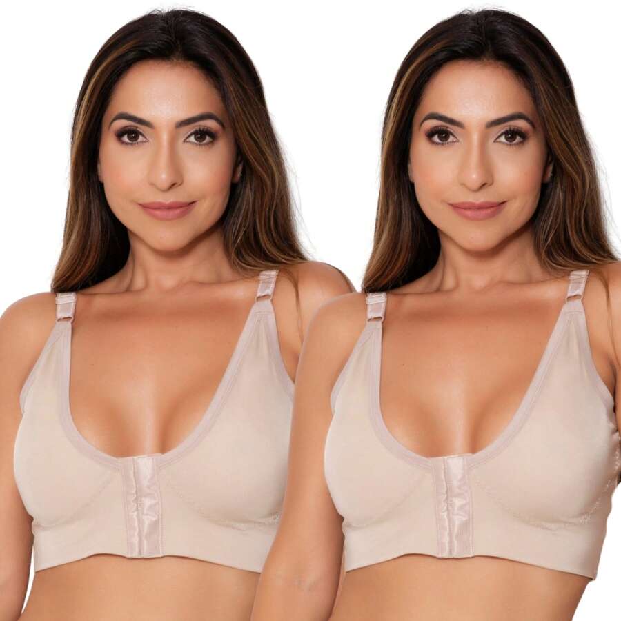 Kit Of 2 Post-Surgical Bras, Low-Cut, Aesthetic, Front Opening, Reinforced Breast Support, Post-Operative Breast Augmentation, Silicone Breast Support - Khỏa thân - Xem 1