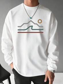 Men's White Crew Neck Long Sleeve Pure Cotton T-Shirt, Simple Creative Natural Scenery, Outdoor Adventure Pattern Print, Casual Outing Home Wear, Fashionable Layering For Autumn And Winter, Essential Inner Wear Long Sleeve Shirt UnisexT Shirts - 白色 - 查看 1