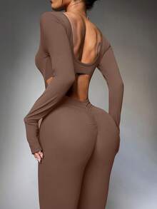 FWH Jumpsuit seksi dan elastis ini memiliki desain bagian bokong berkerut, efek mengangkat dan melangsingkan, bra bawaan yang dapat dilepas, lengan panjang, desain punggung yang elegan, kaki melebar kelas atas, kontrol perut pinggang tinggi, mencerahkan dan membuat tampak bercahaya. - Coklat - View 4