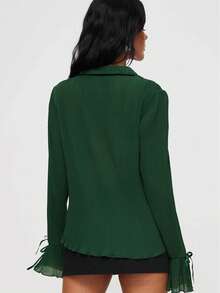 女士优雅褶皱大码翻领长荷叶袖纽扣前襟修身衬衫，梭织面料，休闲修身长袖衬衫，适合春秋季穿着，缎带袖口设计，适合办公室、日常、旅行、约会等场合。 - 墨綠色 - 查看 2