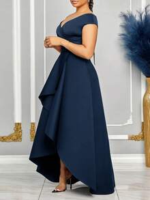 欧美优雅时尚女装乡村演唱会装夜店装女性感修身连衣裙高端前卫纯色一字肩收腰深V领派对舞会女士鸡尾酒会礼服婚礼宾客礼服女 - 寶藍色 - 查看 3