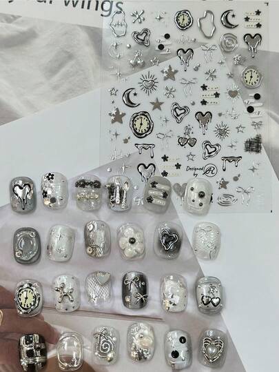 1张金属美甲贴纸，DIY手工星星、月亮、苹果、五角星、涂鸦、黑猫，甜辣Y2K风格美甲贴花，美甲用品