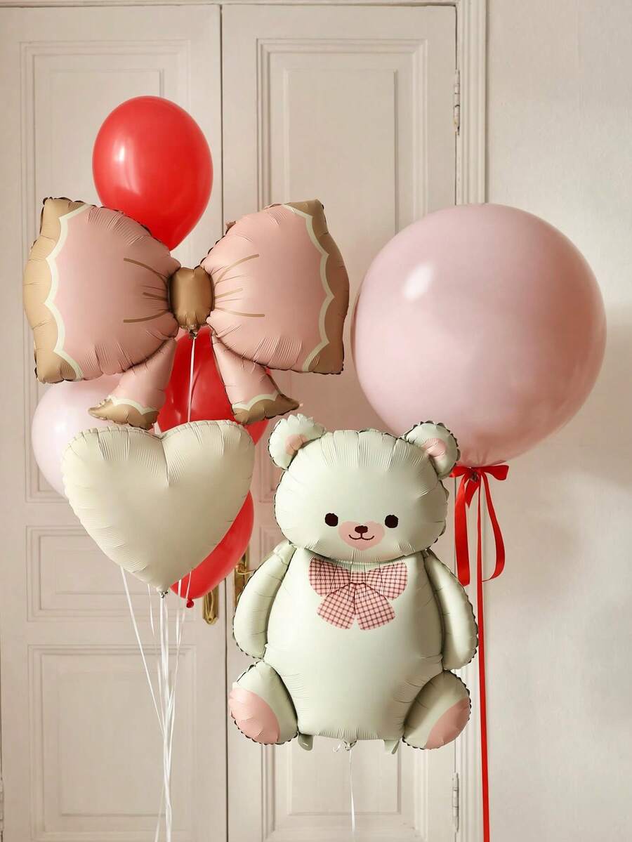 9pcs Cute Bear Balloon Set, Includes Pink Bow Balloons, Pink Magic Bear, Extra Large Pink Latex Balloons, Heart Shaped Foil Balloons, Suitable For Birthday Party, Valentine's Day Party, Bachelorette Party, Baby Shower Decorations - Multicolor - View 1