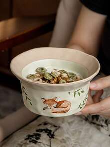 1pc Vintage Style Elegant Star & Moon Rabbit Leaf - 5.5 Inch Ceramic Bowl, Suitable For Salad, Oatmeal, Yogurt, Personal Breakfast - Multicolor - View 3