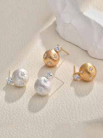 1对复古纹理六芒星耳钉，女士款，独特设计，饰有金色小球，优雅别致