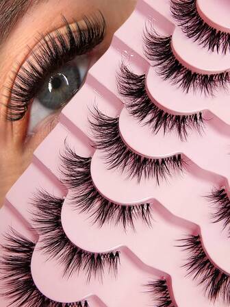 7 par kattögonfransar naturliga lösögonfransar 3D faux mink mjuka animeögonfransar transparenta stjälkar mangaögonfransar cosplay volymförstorande fransförlängning