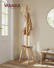 VASAGLE Attaccapanni da Terra, Appendiabiti da Terra, con 8 Ganci e Piano Portaoggetti, Alto 170,5 cm, per Cappotti Cappelli Borse, Ingresso Corridoio Camera da Letto, Beige Naturale, Regalo Natale - Beige Naturale - Visualizzare 1