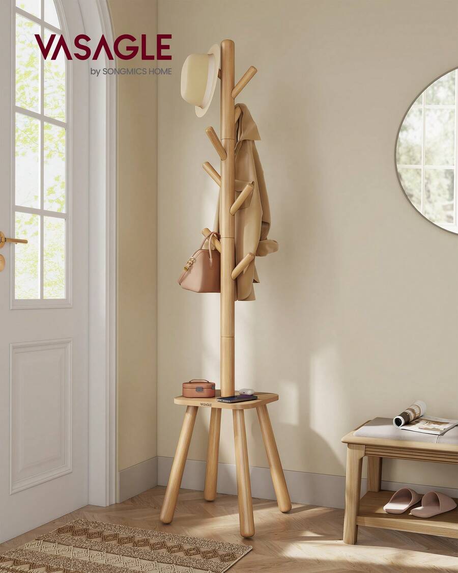 VASAGLE Attaccapanni da Terra, Appendiabiti da Terra, con 8 Ganci e Piano Portaoggetti, Alto 170,5 cm, per Cappotti Cappelli Borse, Ingresso Corridoio Camera da Letto, Beige Naturale, Regalo Natale - Beige Naturale - Visualizzare 1