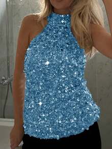 Áo kiểu trễ vai đính sequin gợi cảm dành cho nữ, thích hợp cho đám cưới, dạ hội, lễ hội âm nhạc, tiệc Ngày của Mẹ, kỳ nghỉ biển. - Màu xanh lam - Xem 11