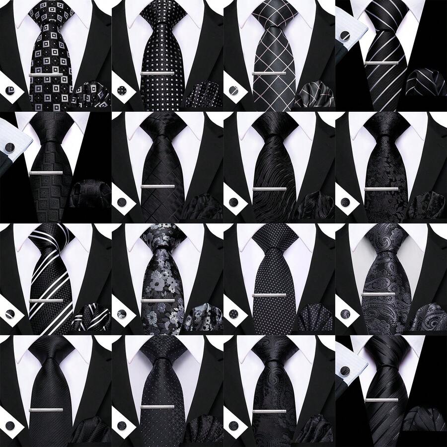 4pcs Men's Business Tie Dark Grey Black Plaid Checks Geometric Floral Jacquard Ties Formal Fashion Necktie Hanky Square Clip Set Wedding Party Gift - Multicolor - View 1