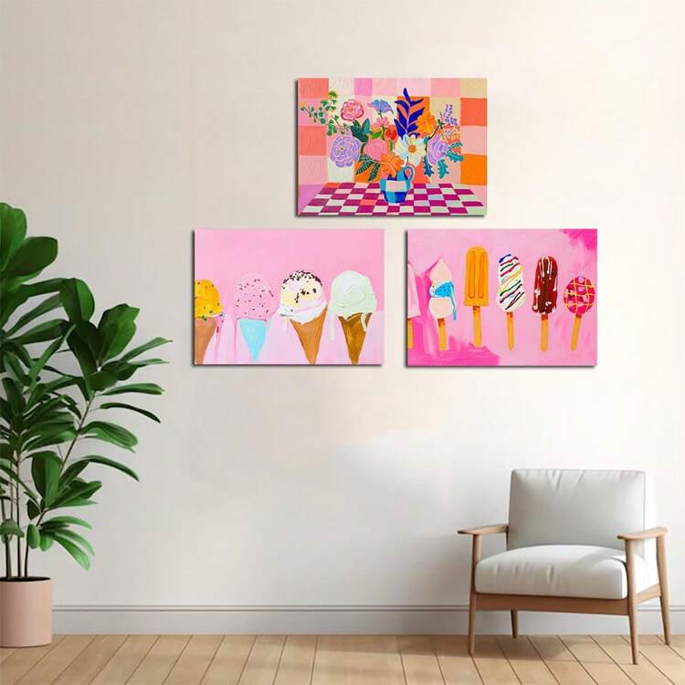 Set Of 3 Frameless Dopamine Decor Posters: Preppy Pink, Ice Cream & Floral Wall Art For Bedroom, Dressing Room, Dorm - Multicolor - View 1