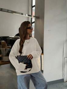 Plus Size Fall Winter New Elegant High-End Chic Women's Sweater,Long Sleeve Solid Color Round Neck Knitted Top,Dropped Shoulder Loose Cropped Casual Pullover, Autumn/Winter Clothes For Going Out Outfits,Night Out, Parties, Date Night, Country, Homecoming, Casual, Holiday Vacation Christmas Top - Teeth White - View 6