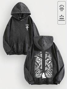 EWH Men Y2K Fullmetal Alchemist Philosopher's Stone Graphic Cotton Hoodie, Soft Warm Retro Casual Stylish Daily Wear, Fashionable Graphic Hoodies For Streetwear & Anime Fans Gifts Gifts Christmas Men Gifts Winter Clothes010-AB - Black - View 12