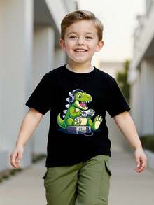 两件套幼儿男童夏季卡通恐龙印花短袖上衣和工装裤休闲装 - 軍綠色 - 查看 5