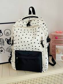 1 pièce Sac à dos décontracté en nylon noir et blanc avec imprimé étoile tout-sur-tout, compartiments multiples, fermeture éclair lisse, grande capacité, pliable, résistant à l'eau, sangles d'épaule réglables, convient pour un usage quotidien, l'école, l'entraînement, les déplacements, les courses, les voyages, cadeau pour les filles et les femmes