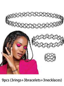 3 件套纹身颈链套装项链手链戒指复古弹力项链女式哥特式黑色经典时尚 - 彩色 - 查看 16