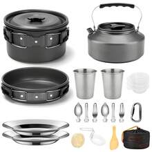 21pcs Camping Cookware Set Portable Outdoor Picnic Tableware Cookset Cooking Kit With Cups Plates Forks Knives Spoons - 黑色 - 查看 1