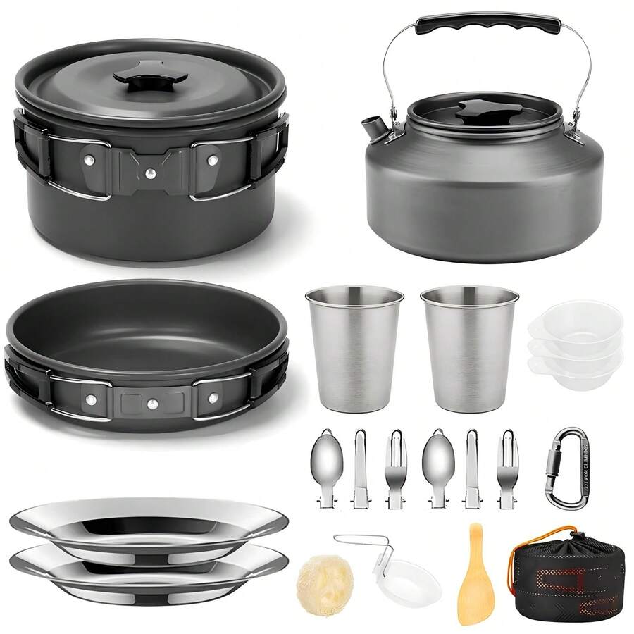 21pcs Camping Cookware Set Portable Outdoor Picnic Tableware Cookset Cooking Kit With Cups Plates Forks Knives Spoons - 黑色 - 查看 1