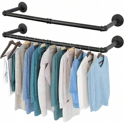 Clothes Rack 97.5cm Industrial Pipe Wall Mounted Garment Rack Space Saver Hanging Clothes Rack Heavy Duty Detachable Wall Racks Multi-Purpose Hanging Rack For Closet Laundry Room 2 Pack
